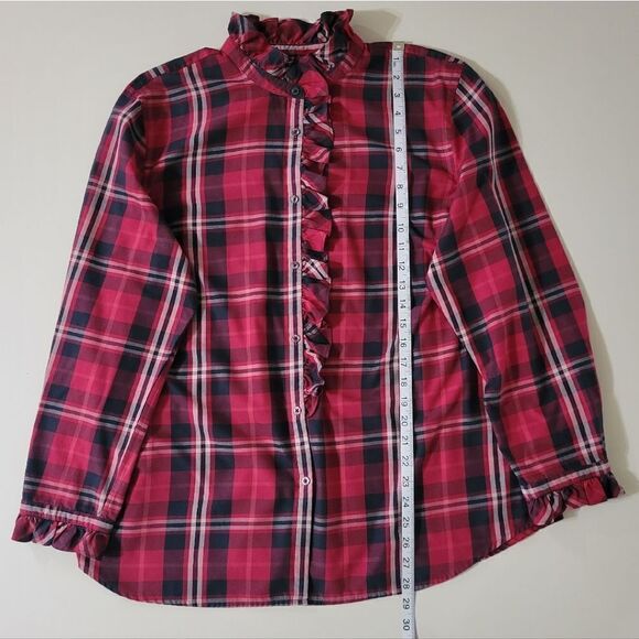 Chaps Women's Red Black Plaid Button-Down Ruffle Long Sleeve Shirt - Picture 7 of 16